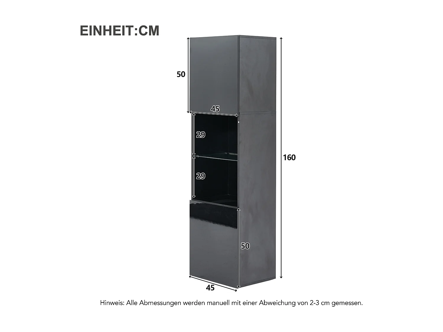 Vitrine 45x35x160 cm, éclairage LED, 1 étagère en verre trempé, panneau de particules noir brillant