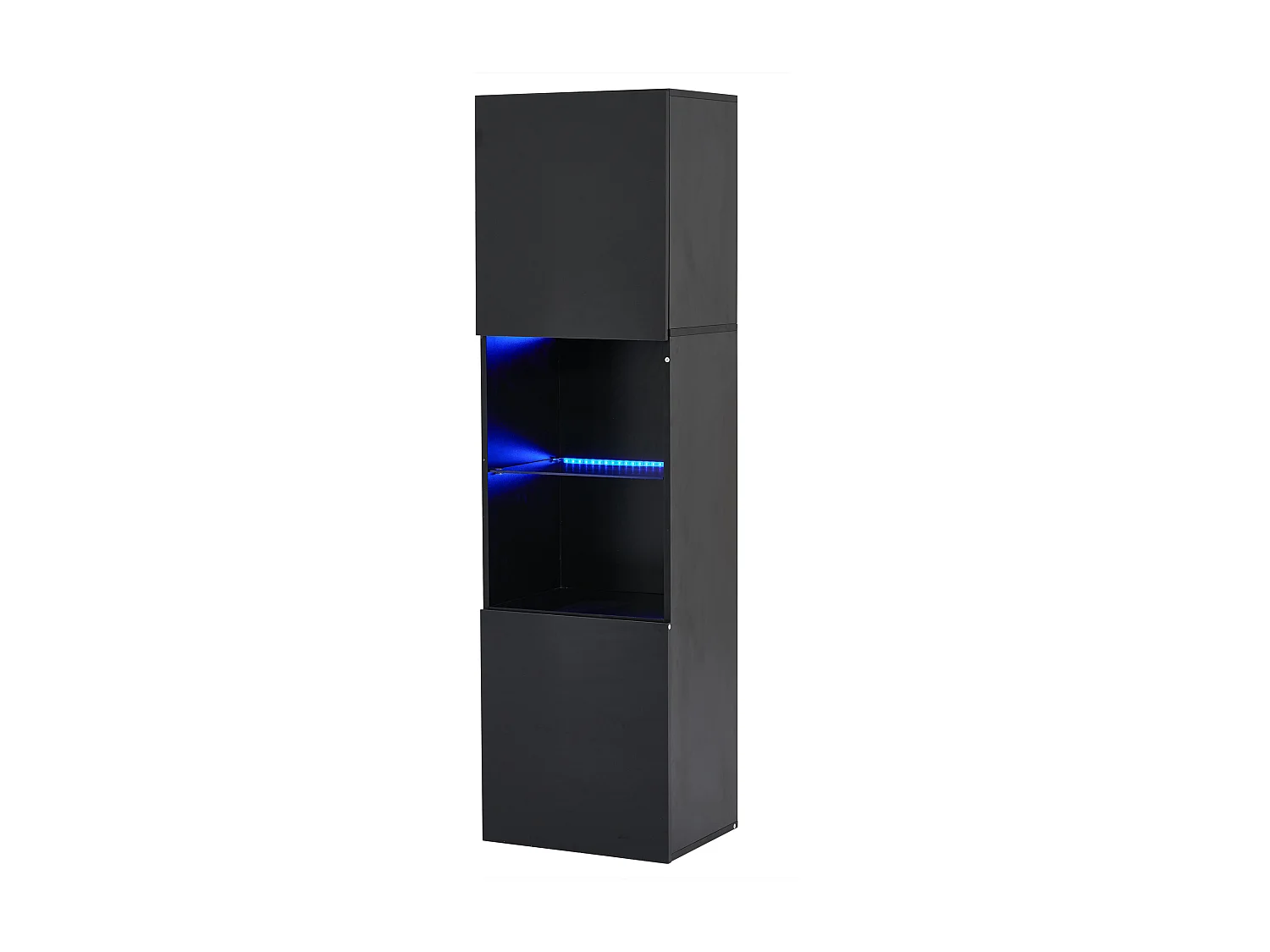 Vitrine 45x35x160 cm, éclairage LED, 1 étagère en verre trempé, panneau de particules noir brillant
