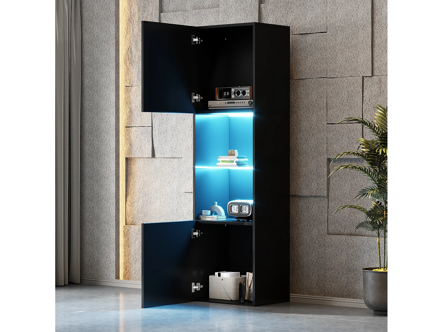 Vitrine 45x35x160 cm, éclairage LED, 1 étagère en verre trempé, panneau de particules noir brillant