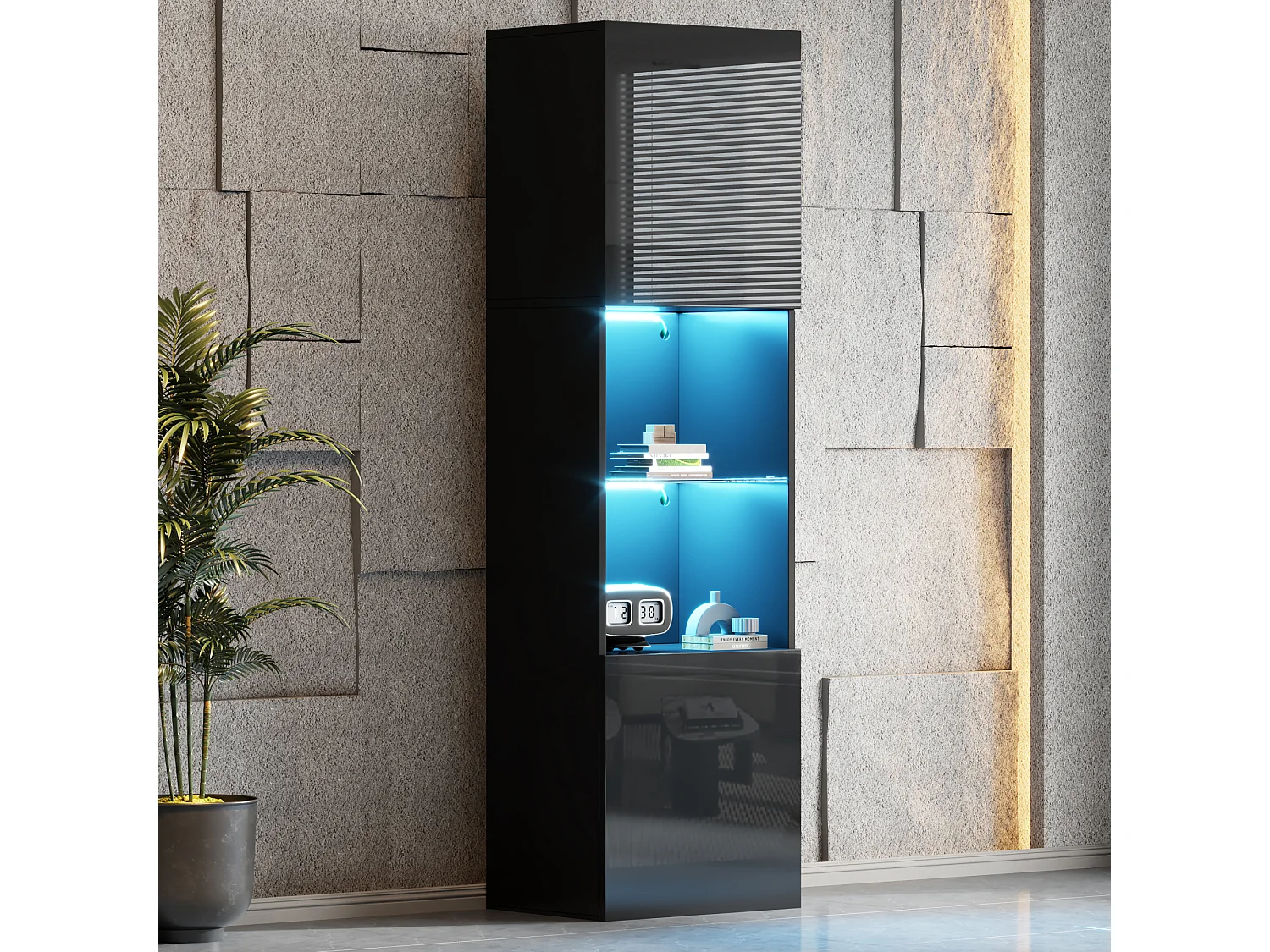 Vitrine 45x35x160 cm, éclairage LED, 1 étagère en verre trempé, panneau de particules noir brillant
