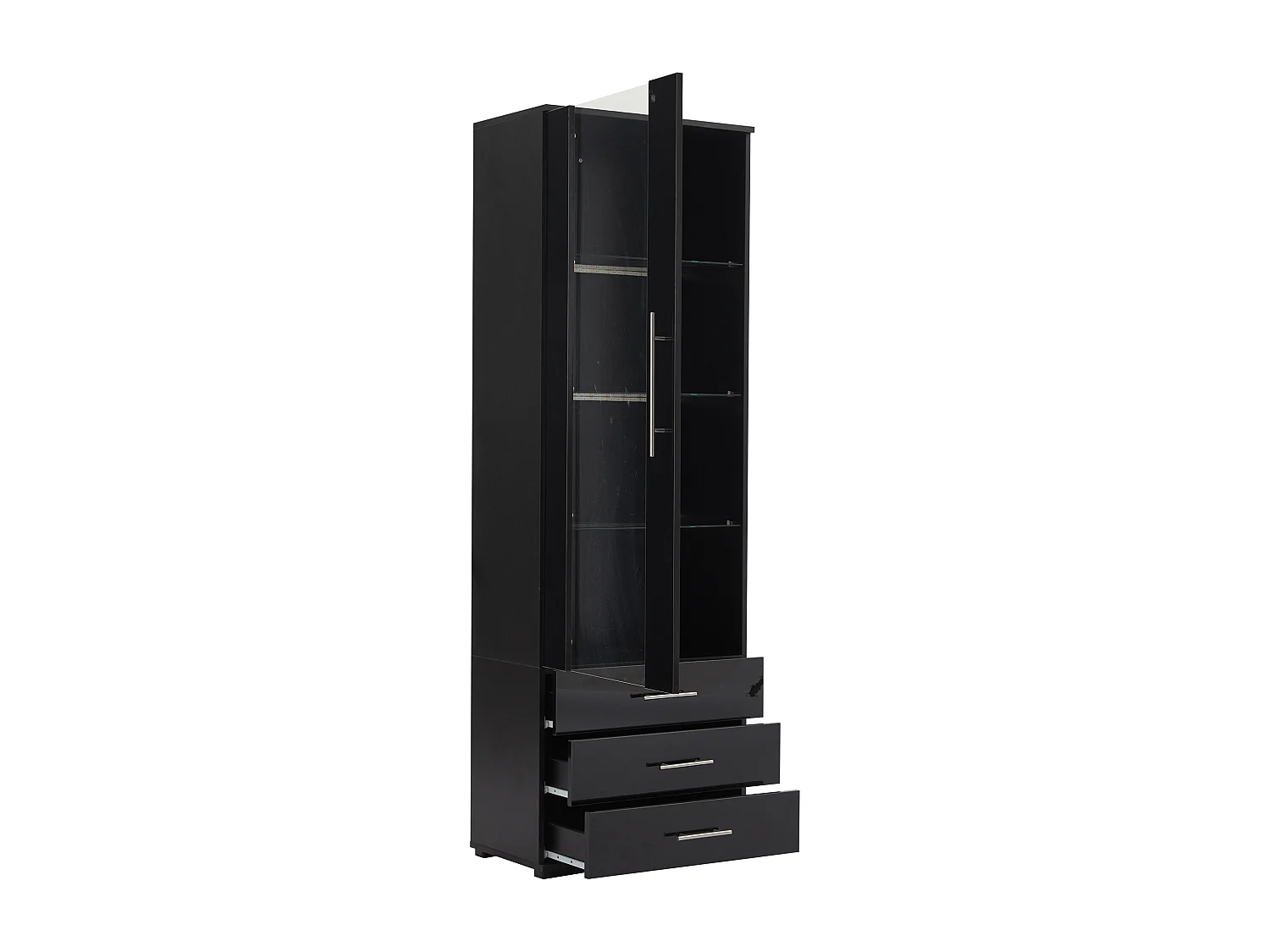 Vitrine 60x35x180 cm, éclairage LED contrôlé par application, 3 tiroirs, façade brillante, MDF noir