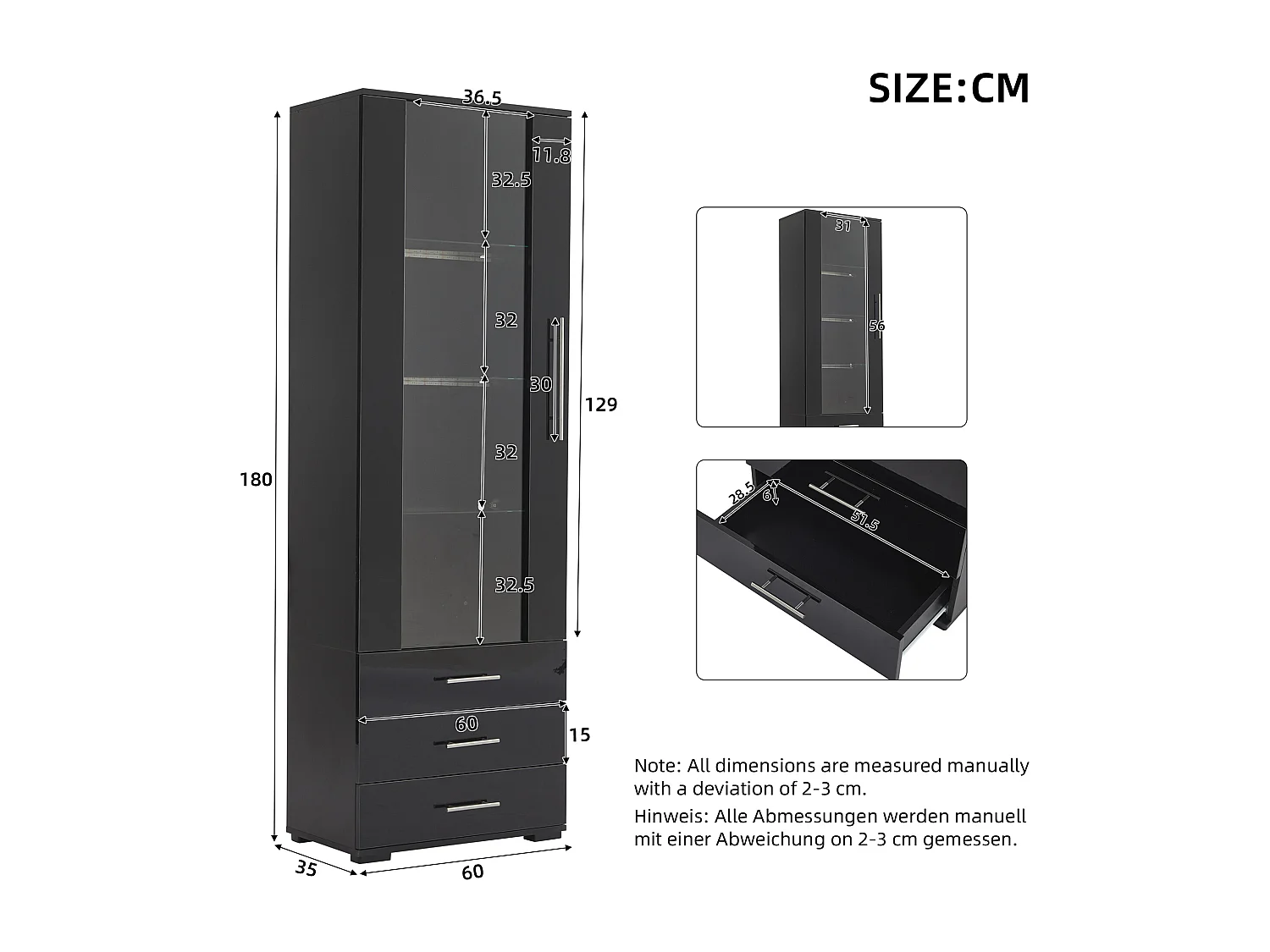 Vitrine 60x35x180 cm, éclairage LED contrôlé par application, 3 tiroirs, façade brillante, MDF noir