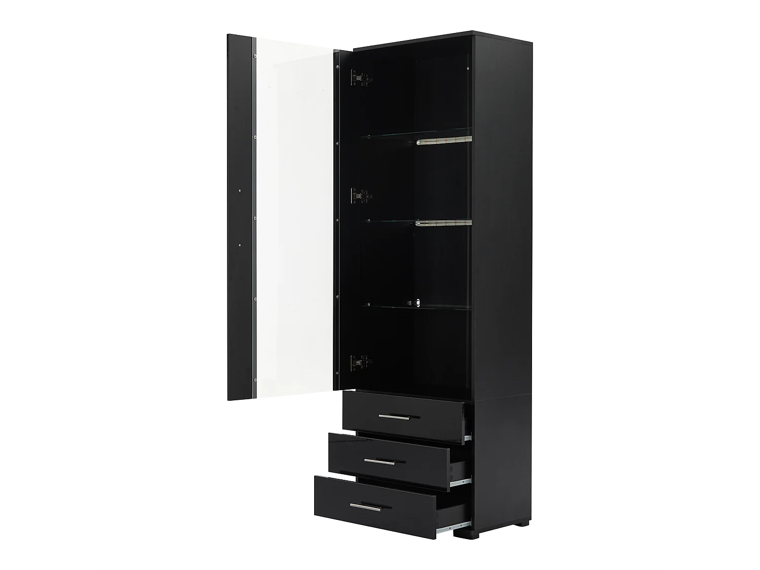 Vitrine 60x35x180 cm, éclairage LED contrôlé par application, 3 tiroirs, façade brillante, MDF noir