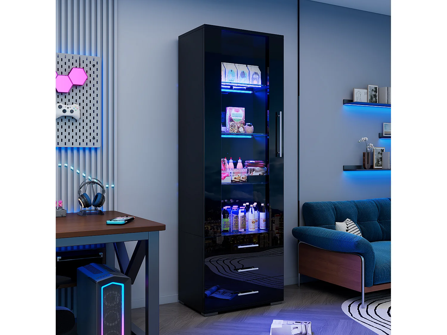 Vitrine 60x35x180 cm, éclairage LED contrôlé par application, 3 tiroirs, façade brillante, MDF noir