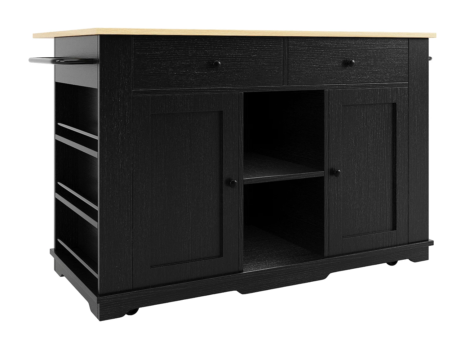 Îlot de cuisine 151.5x59.7x91.7 cm, avec tablette rabattable, prises intégrées, MDF et métal, noir et naturel