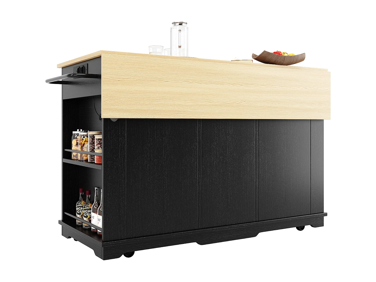 Îlot de cuisine 151.5x59.7x91.7 cm, avec tablette rabattable, prises intégrées, MDF et métal, noir et naturel