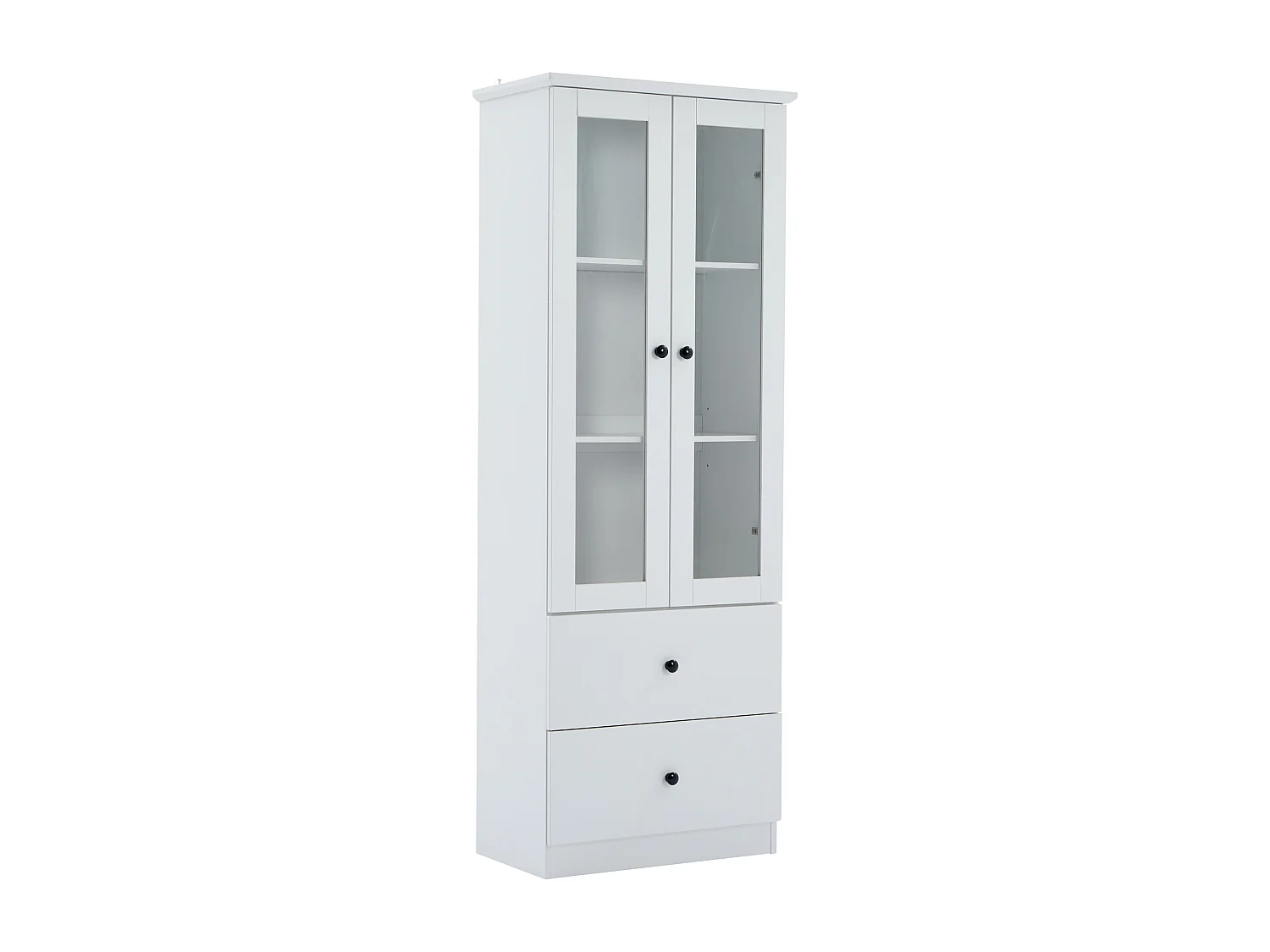 Vitrine 60x35.5x165 cm, LED 16 couleurs USB, 2 portes vitrées et 2 tiroirs, MDF et panneaux de particules blanc mat