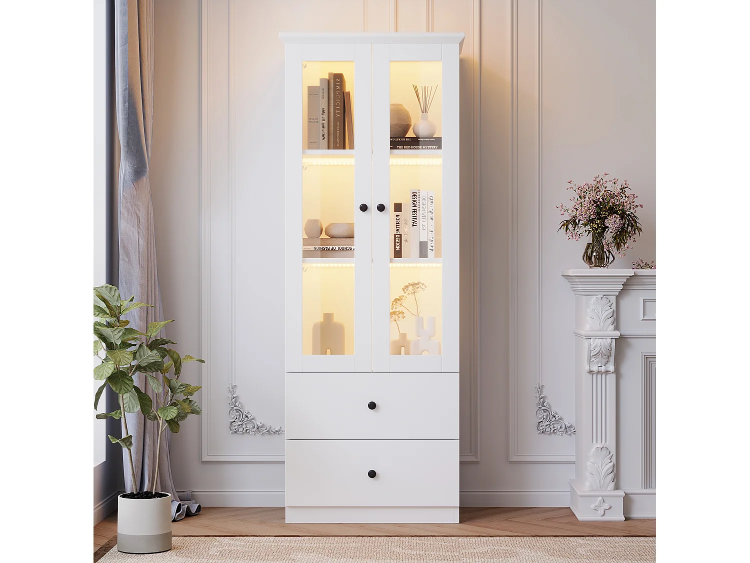Vitrine 60x35.5x165 cm, LED 16 couleurs USB, 2 portes vitrées et 2 tiroirs, MDF et panneaux de particules blanc mat