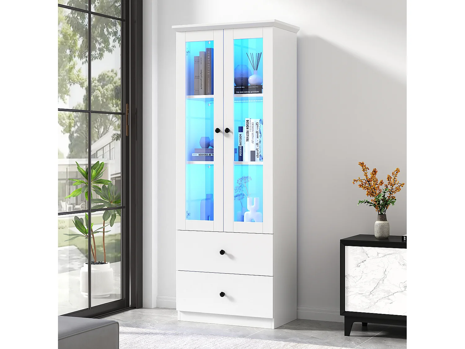 Vitrine 60x35.5x165 cm, LED 16 couleurs USB, 2 portes vitrées et 2 tiroirs, MDF et panneaux de particules blanc mat