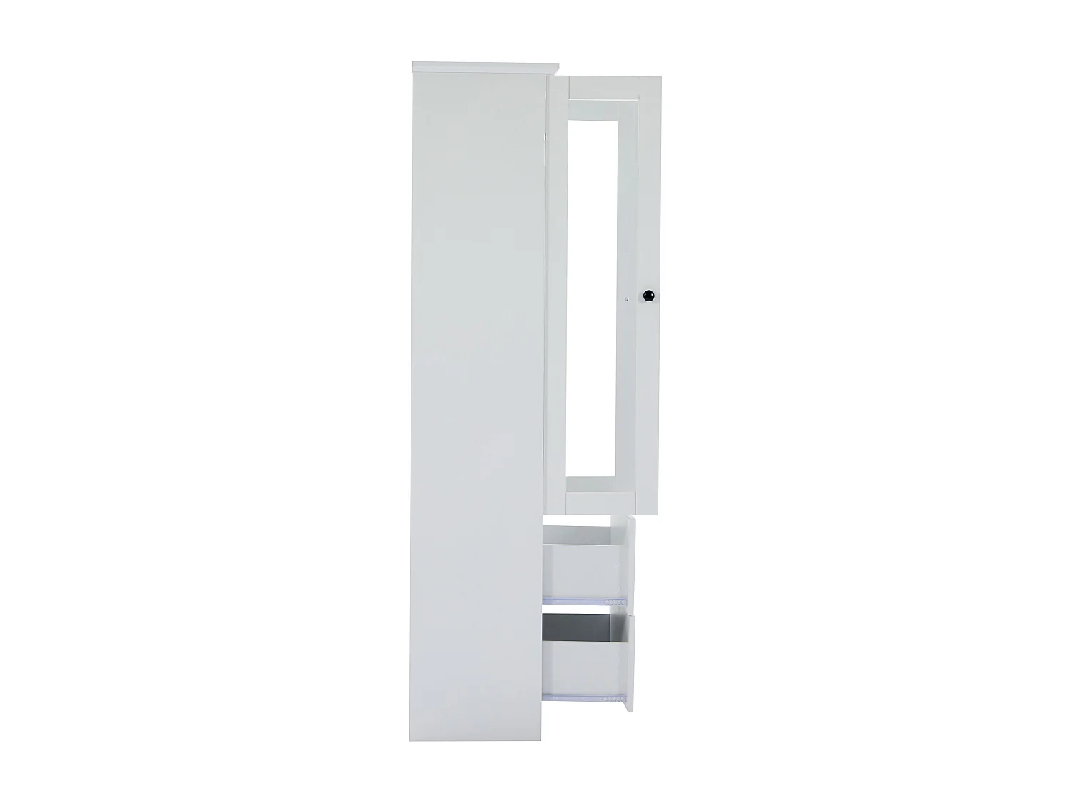 Vitrine 60x35.5x165 cm, LED 16 couleurs USB, 2 portes vitrées et 2 tiroirs, MDF et panneaux de particules blanc mat