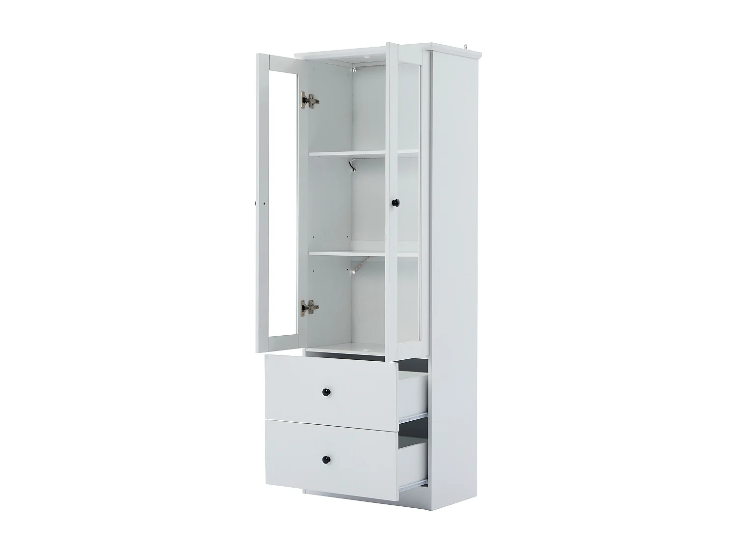 Vitrine 60x35.5x165 cm, LED 16 couleurs USB, 2 portes vitrées et 2 tiroirs, MDF et panneaux de particules blanc mat