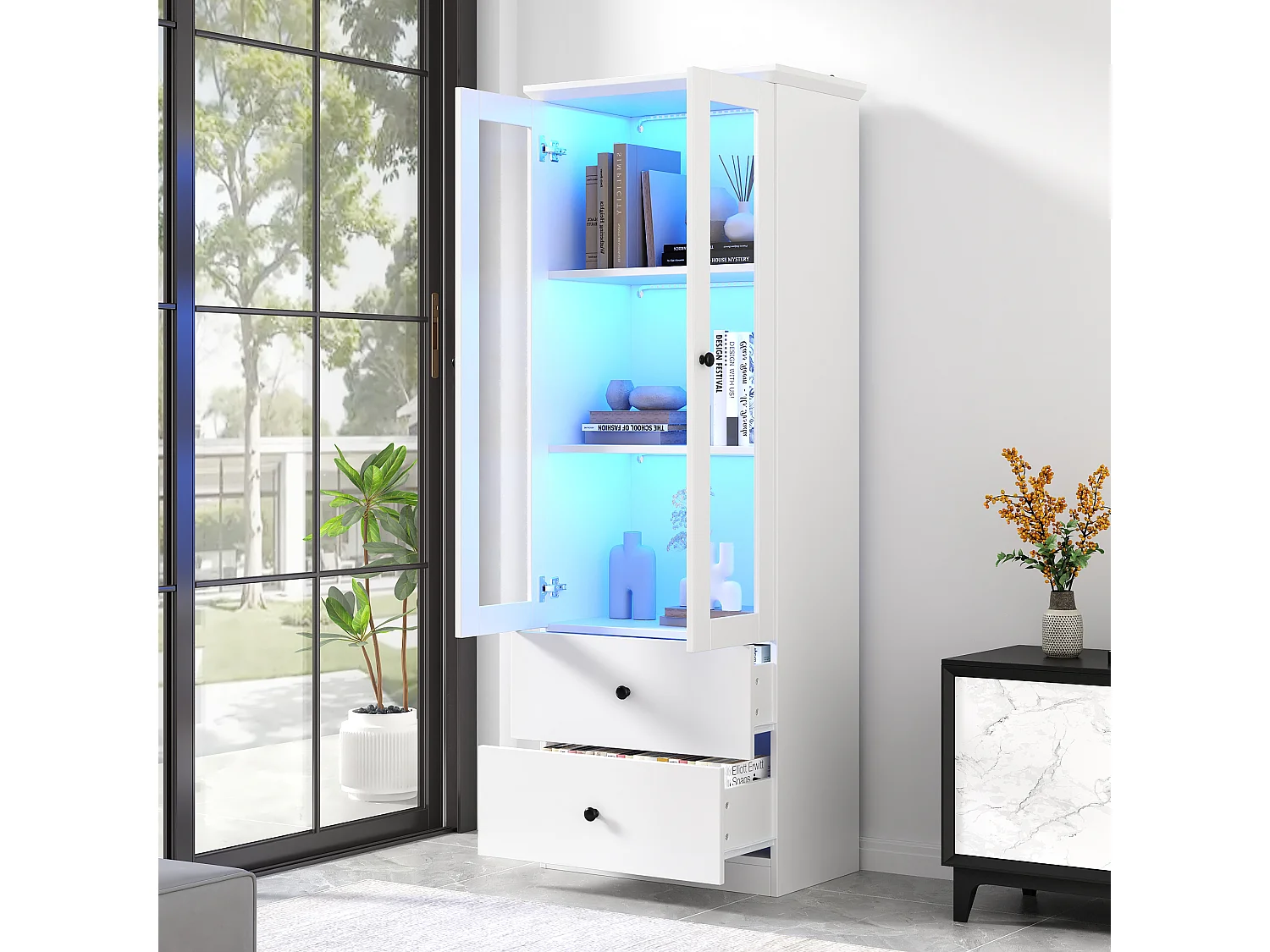 Vitrine 60x35.5x165 cm, LED 16 couleurs USB, 2 portes vitrées et 2 tiroirs, MDF et panneaux de particules blanc mat