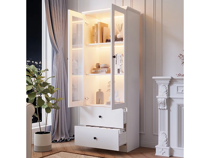 Vitrine 2 portes 60x36x165 cm en verre 2 tiroirs - avce LED  meuble de rangement en bois-blanc