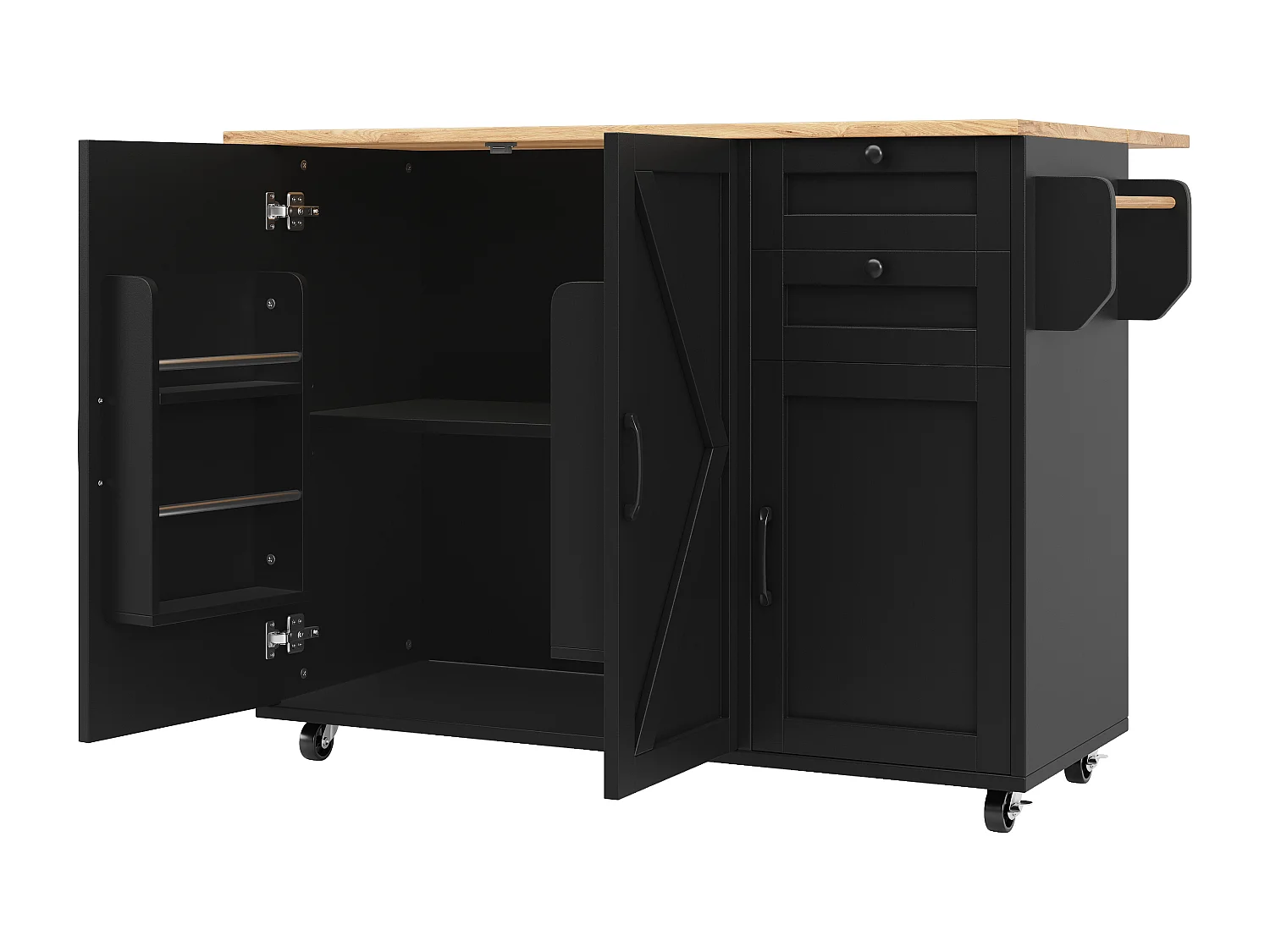 Desserte de cuisine 120x(43.2-71.2)x92 cm 3 portes et 2 tiroirs Îlot de cuisine avec plateau extensible  - noir