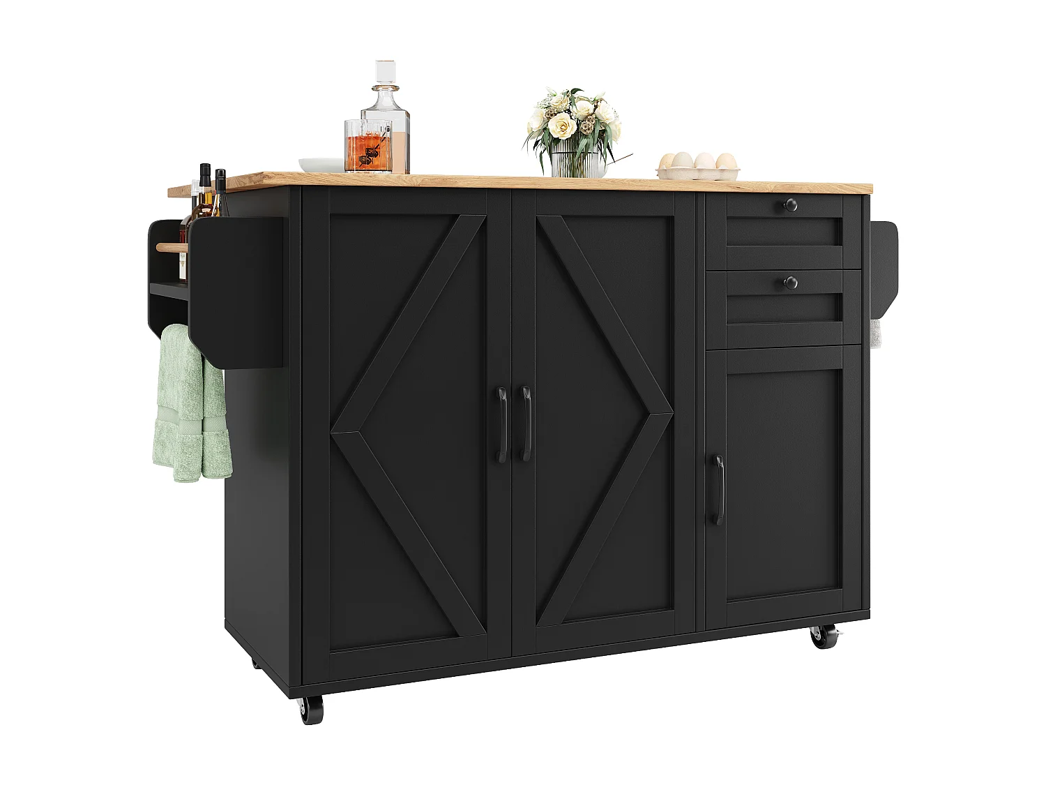 Desserte de cuisine 120x(43.2-71.2)x92 cm 3 portes et 2 tiroirs Îlot de cuisine avec plateau extensible  - noir