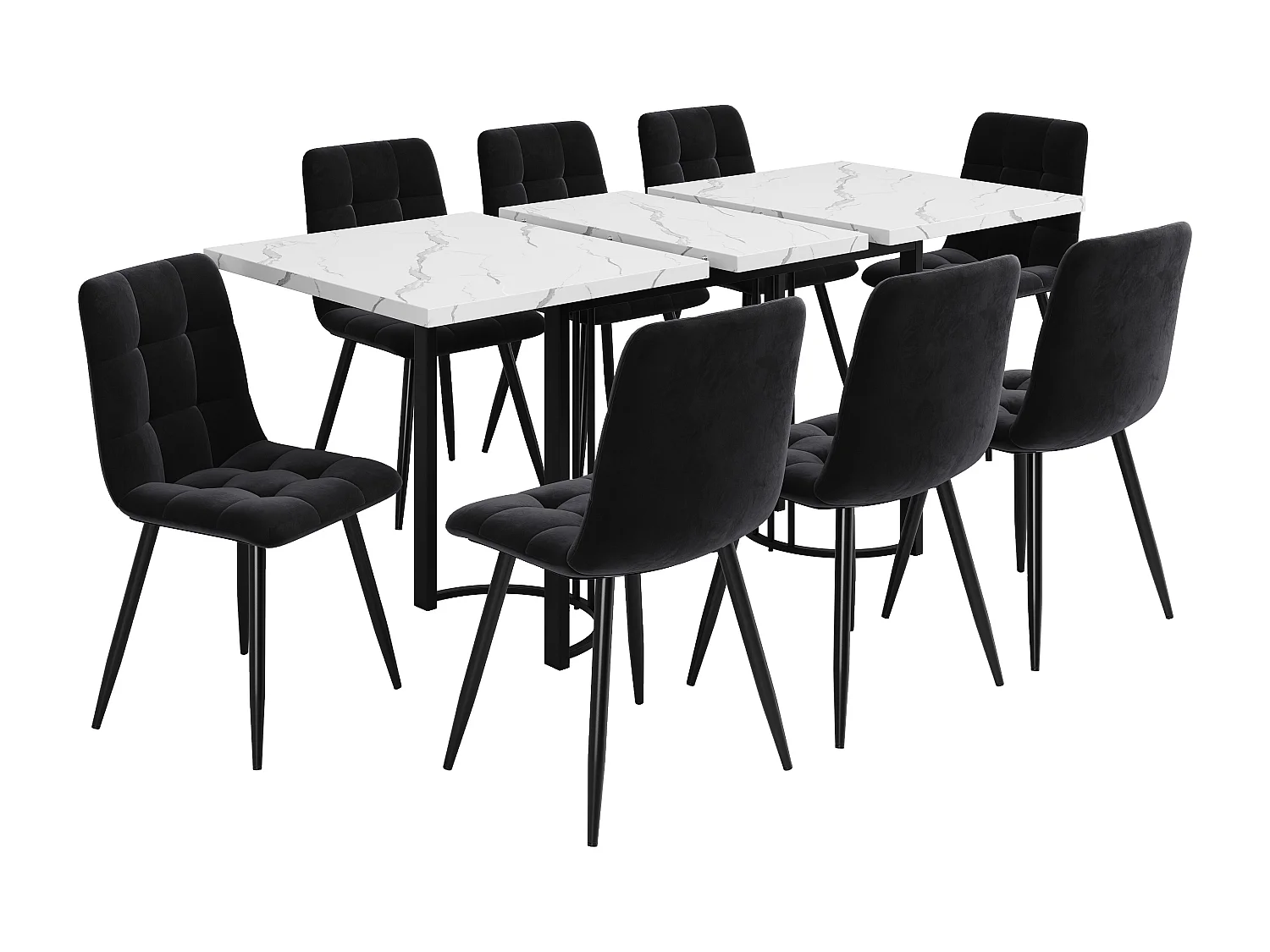 Ensemble de salle à manger 140-179.5x80x75.5 cm, table extensible, 8 chaises, MDF métal velours noir et blanc