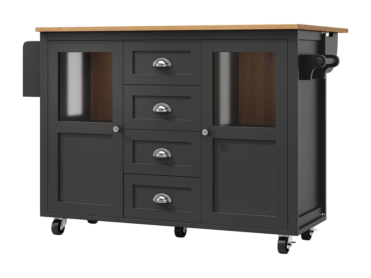 Îlot de cuisine 137.9x73x92.5 cm, plateau rabattable, 4 tiroirs et roulettes, MDF et métal noir
