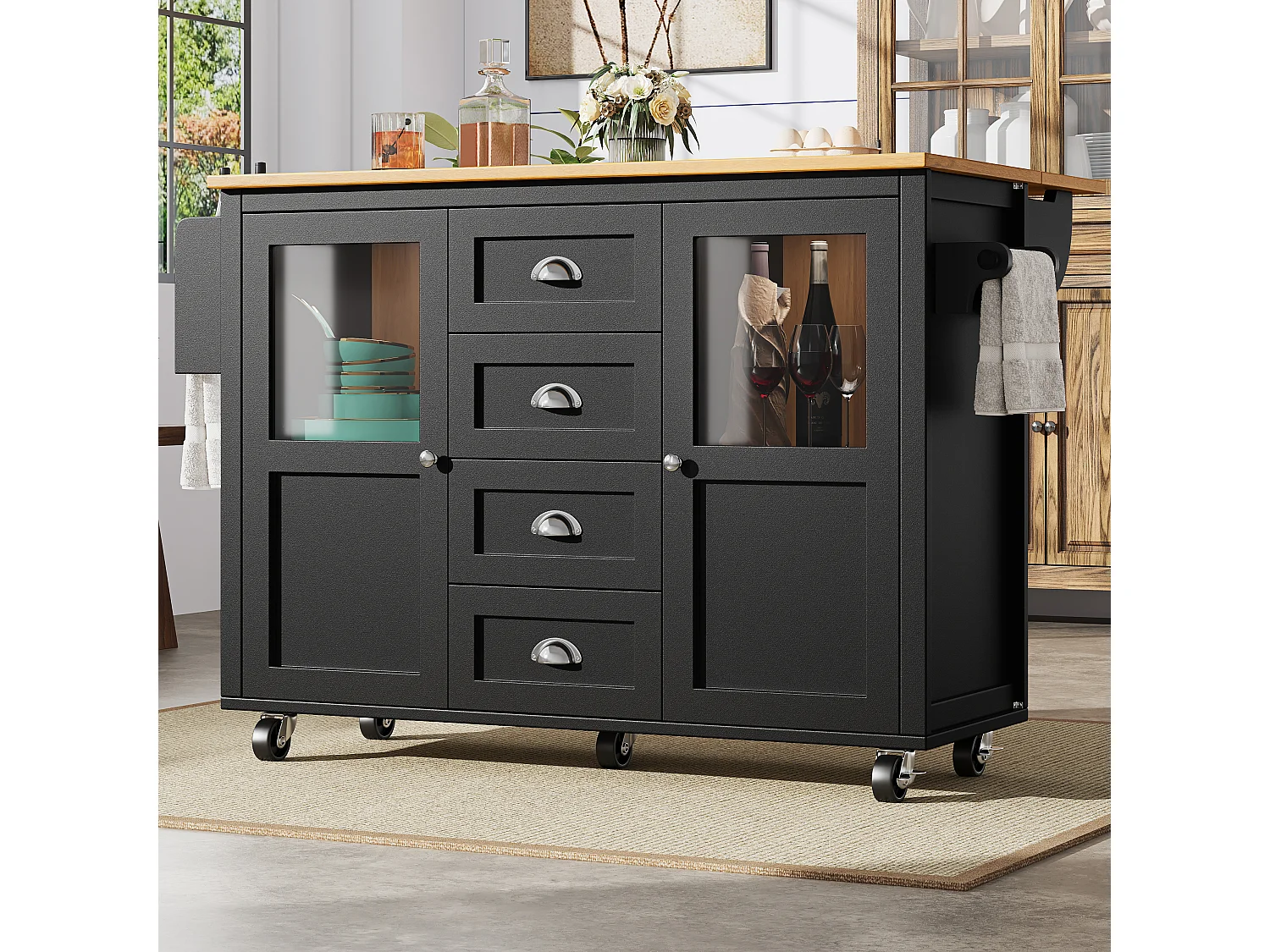 Îlot de cuisine 137.9x73x92.5 cm, plateau rabattable, 4 tiroirs et roulettes, MDF et métal noir