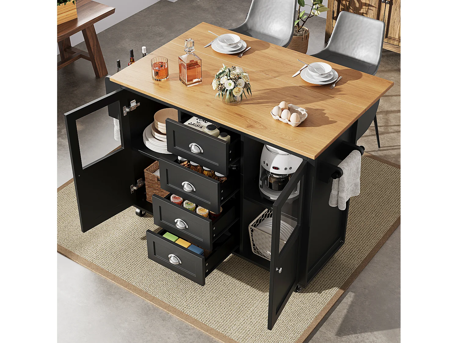 Îlot de cuisine 137.9x73x92.5 cm, plateau rabattable, 4 tiroirs et roulettes, MDF et métal noir