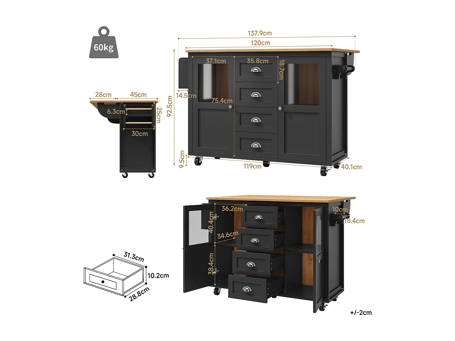 Îlot de cuisine 137.9x73x92.5 cm, plateau rabattable, 4 tiroirs et roulettes, MDF et métal noir