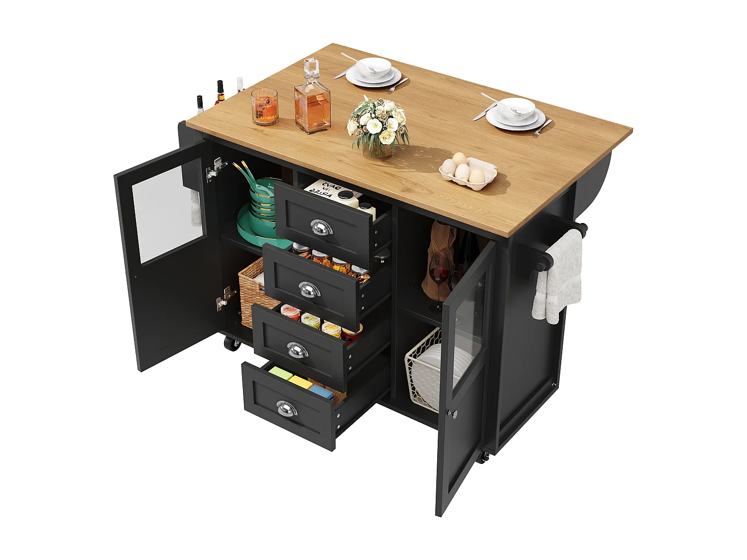 Îlot de cuisine 137.9x73x92.5 cm, plateau rabattable, 4 tiroirs et roulettes, MDF et métal noir