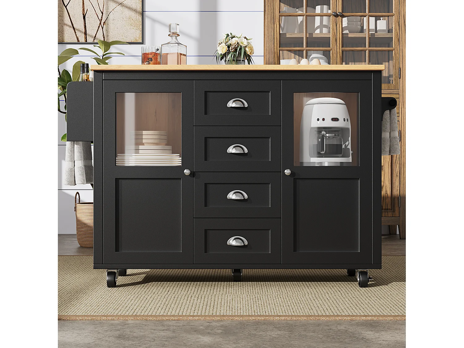 Îlot de cuisine 137.9x73x92.5 cm, plateau rabattable, 4 tiroirs et roulettes, MDF et métal noir