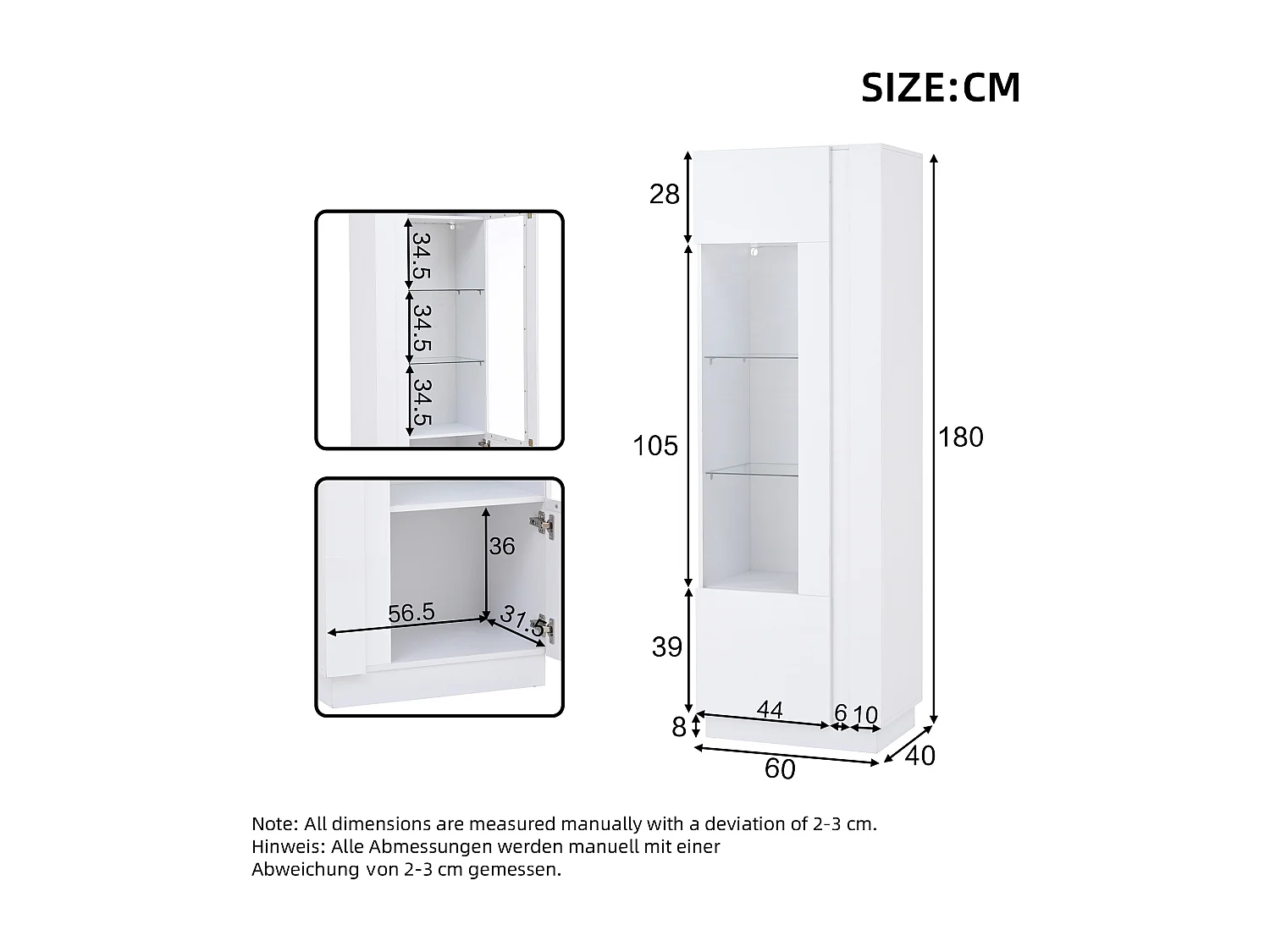 Vitrine 60x40x180 cm, porte en acrylique transparent avec LED, 5 niveaux, panneaux de particules, blanc