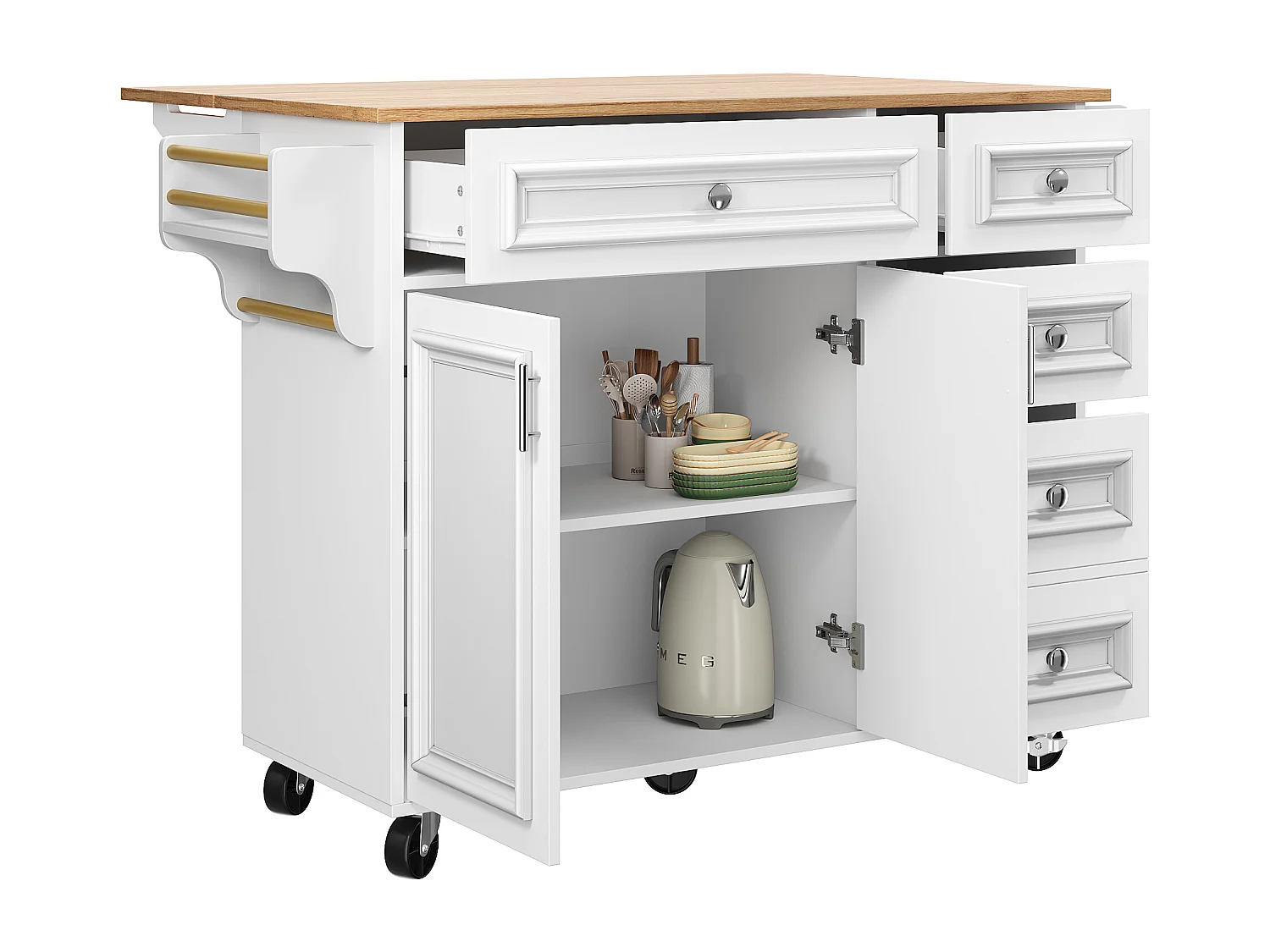 Îlot de cuisine 110x45x92 cm, plateau rabattable, rangements réglables, MDF blanc