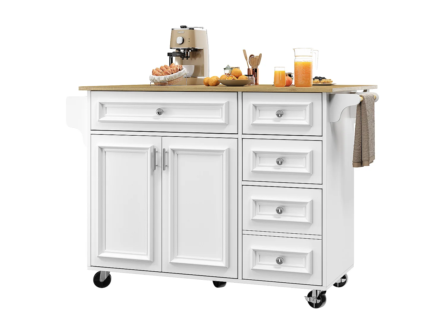 Îlot de cuisine 110x45x92 cm, plateau rabattable, rangements réglables, MDF blanc