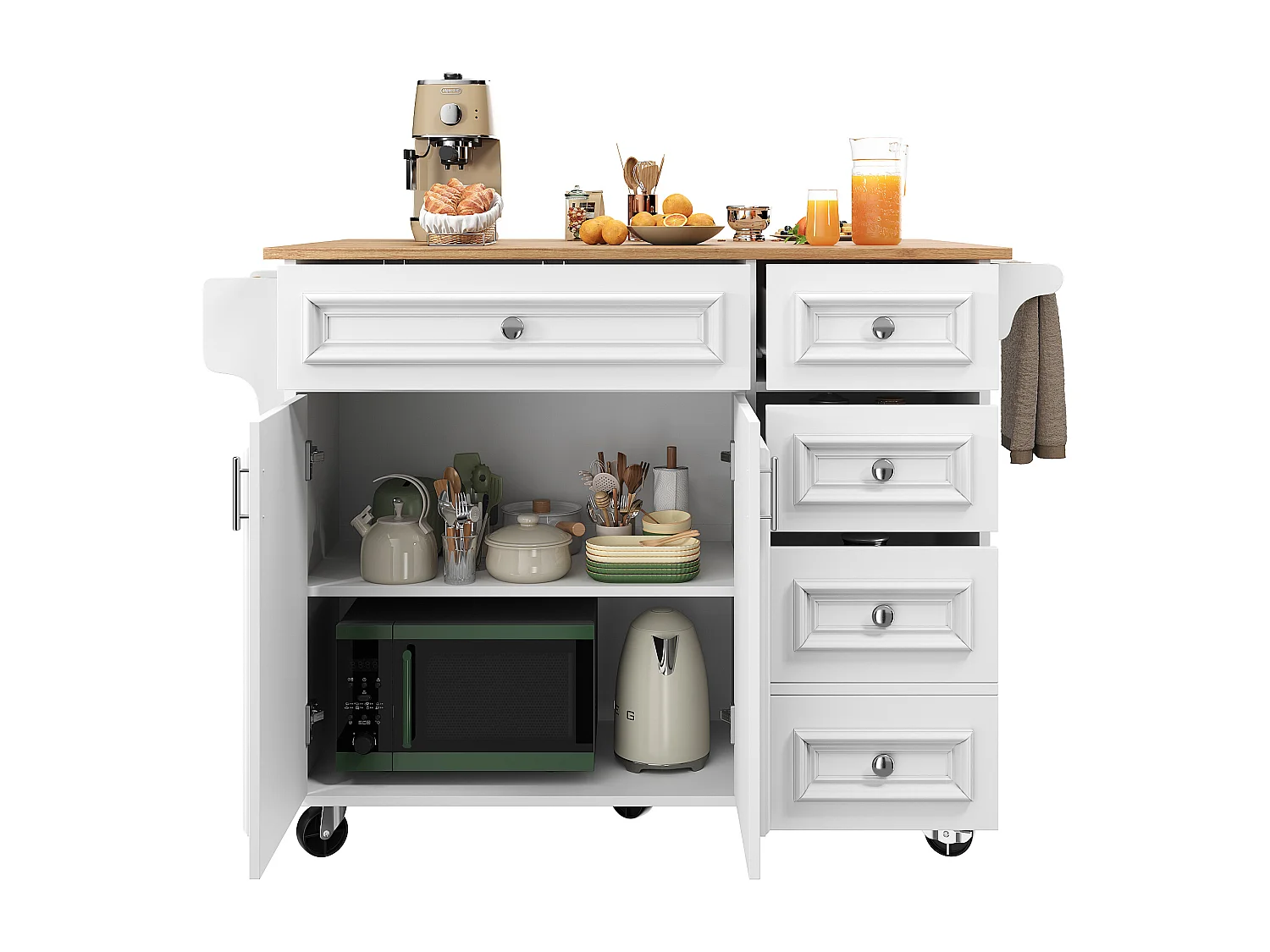 Îlot de cuisine 110x45x92 cm, plateau rabattable, rangements réglables, MDF blanc