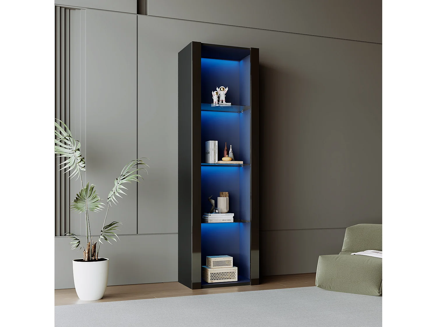 Vitrine 55x38x166 cm LED 3 étagères en verre - meuble de rangement - noir