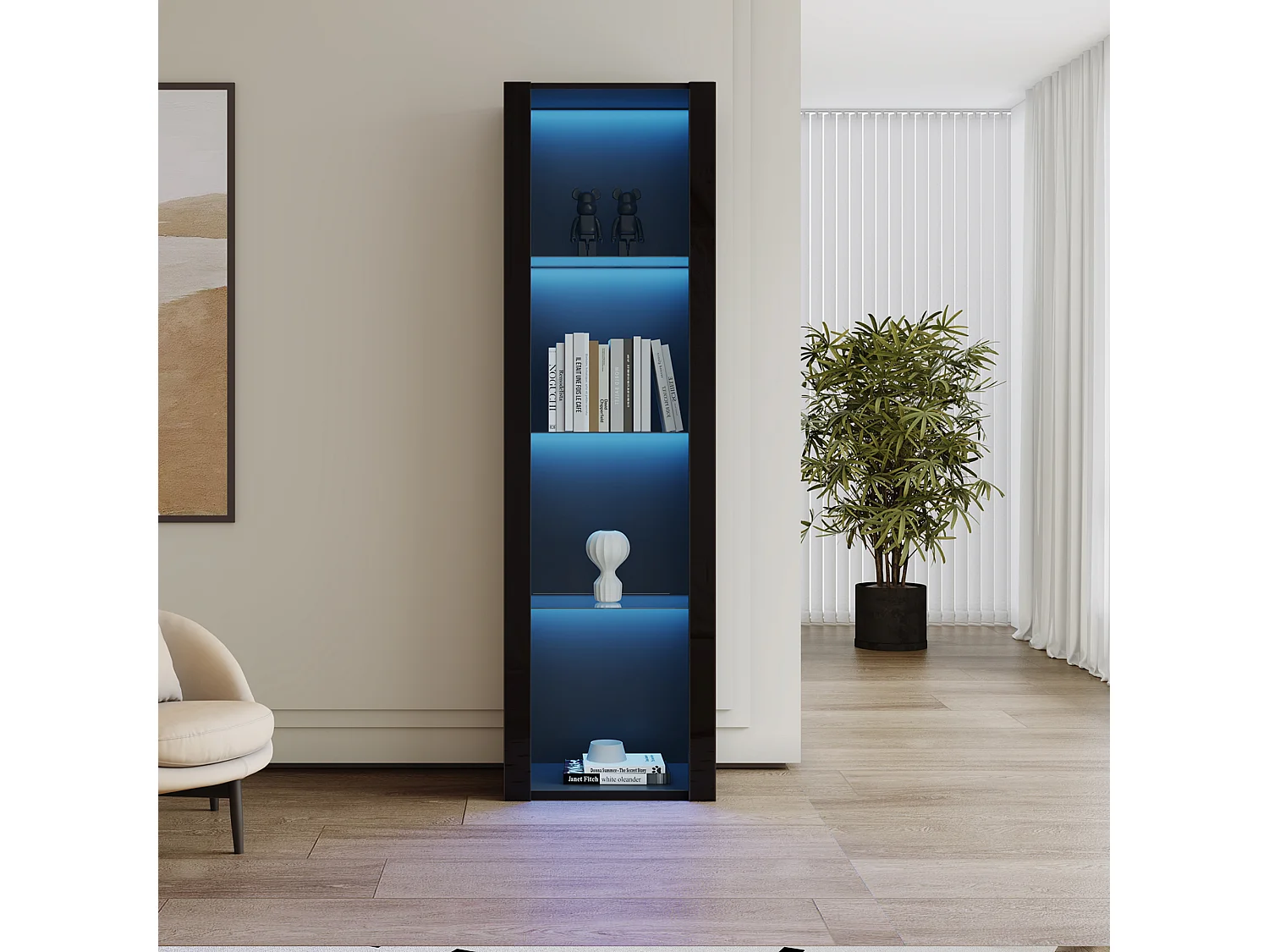 Vitrine 55x38x166 cm, LED contrôlée par application, 3 étagères en verre, panneaux de particules, noir
