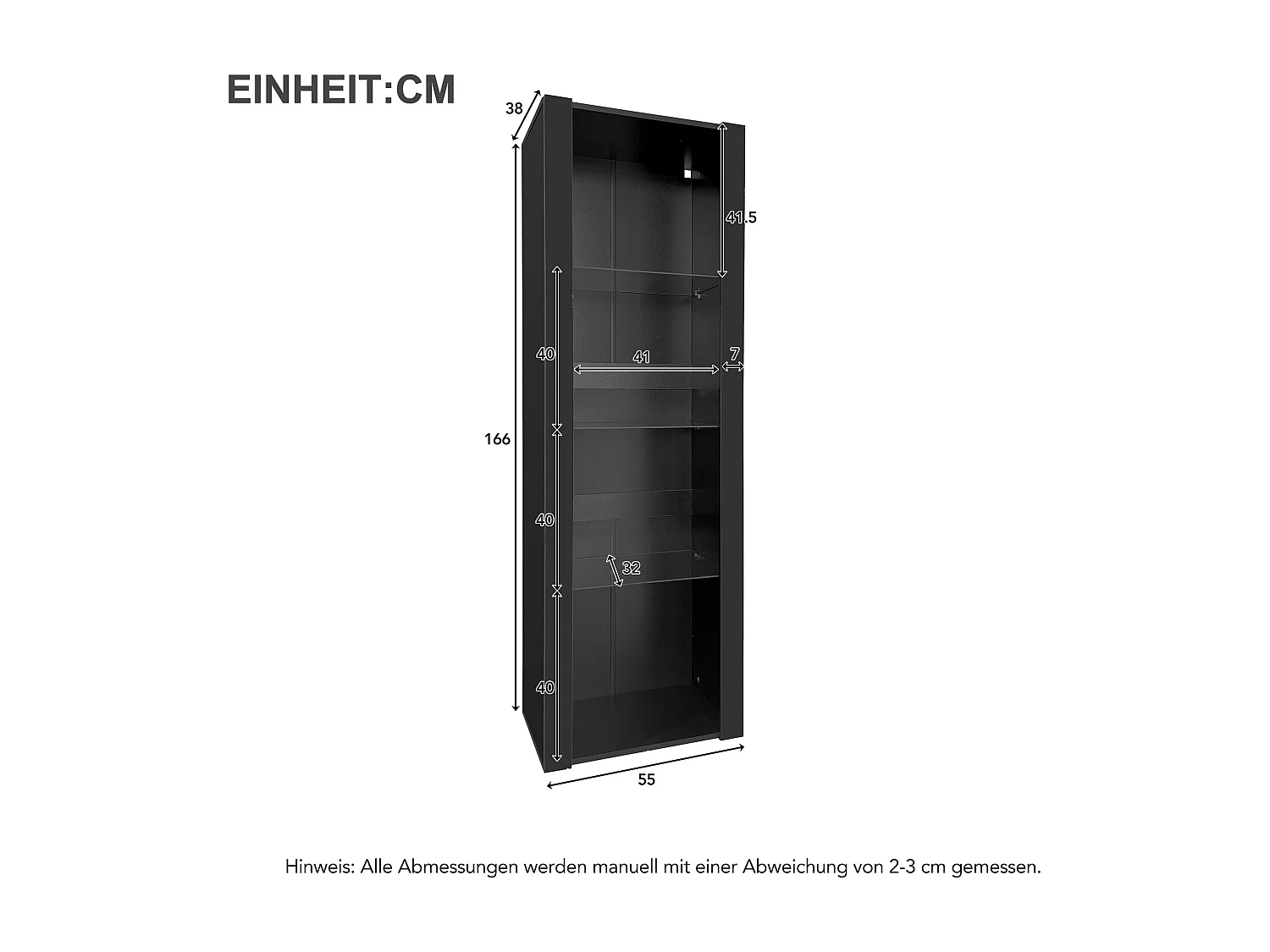 Vitrine 55x38x166 cm, LED contrôlée par application, 3 étagères en verre, panneaux de particules, noir