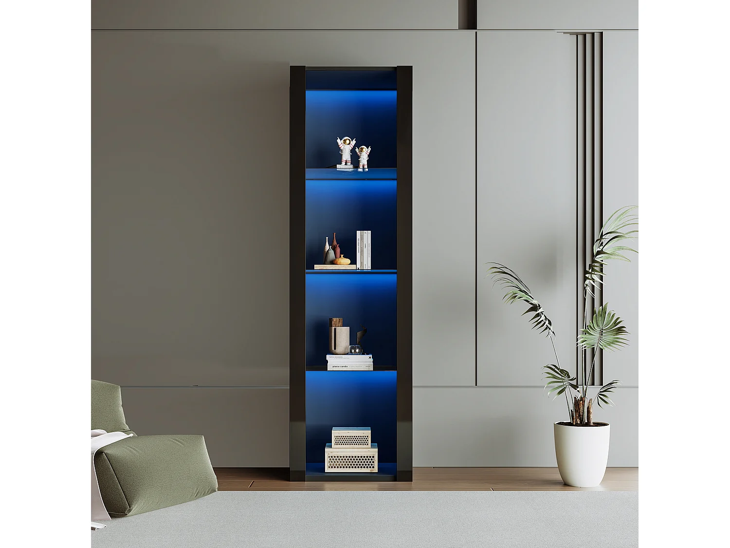 Vitrine 55x38x166 cm, LED contrôlée par application, 3 étagères en verre, panneaux de particules, noir