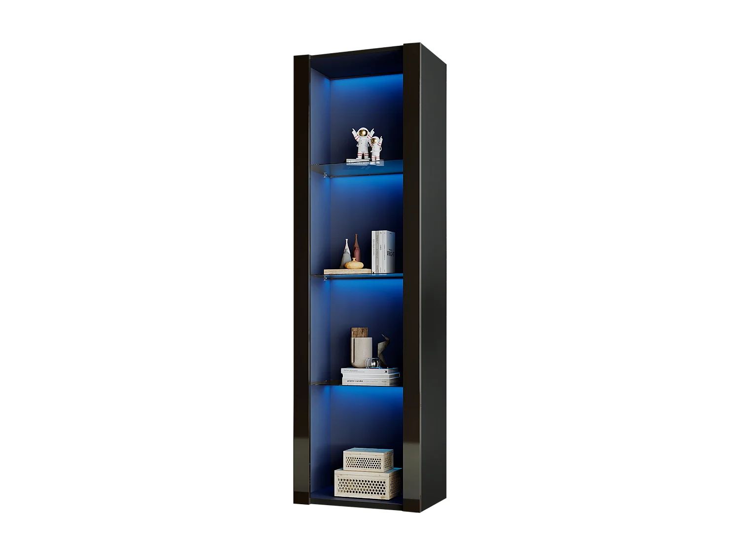 Vitrine 55x38x166 cm, LED contrôlée par application, 3 étagères en verre, panneaux de particules, noir