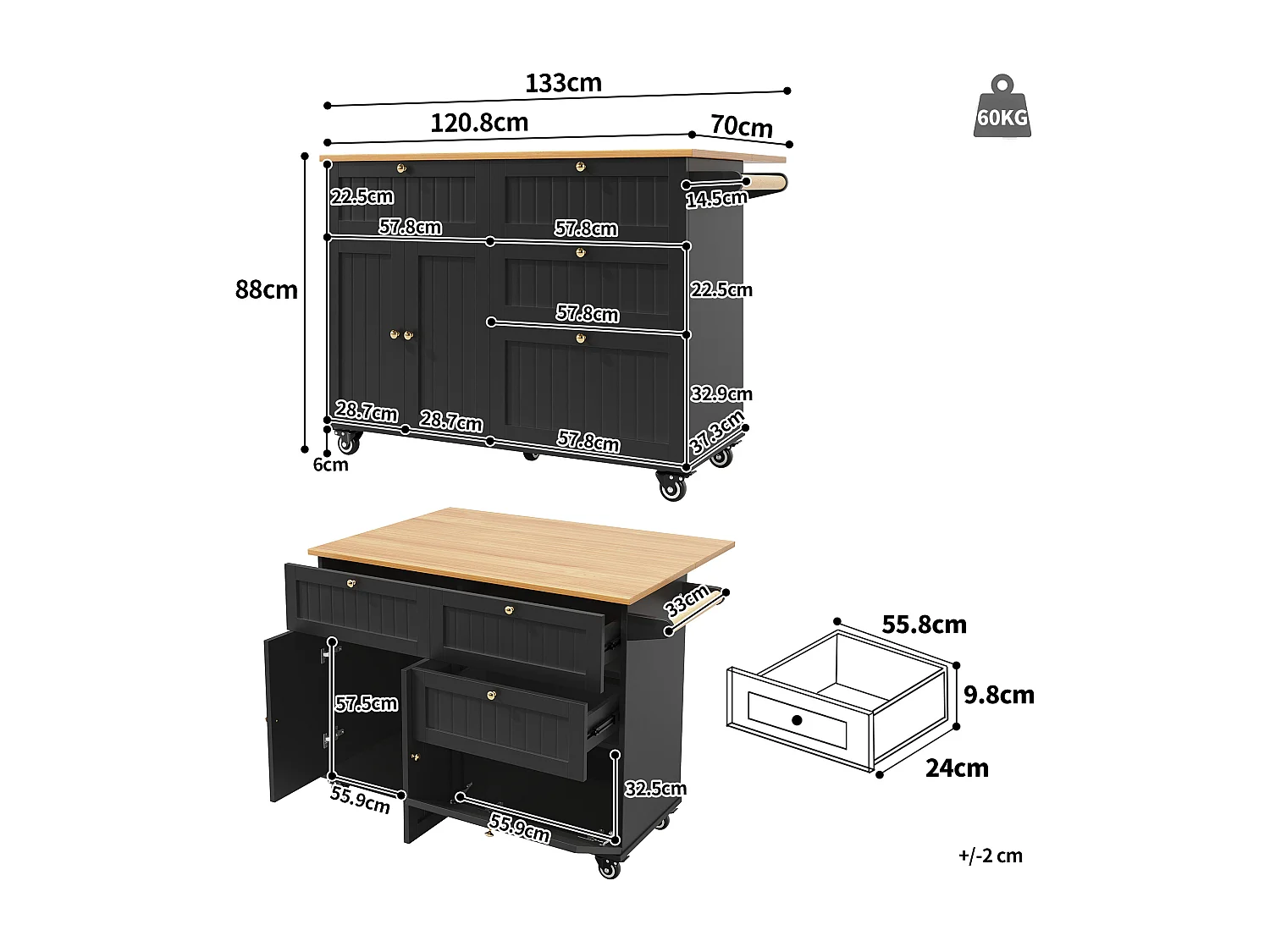 Îlot de cuisine 133x37.3x88 cm, rangement à plusieurs niveaux, roulettes et pieds réglables, MDF noir