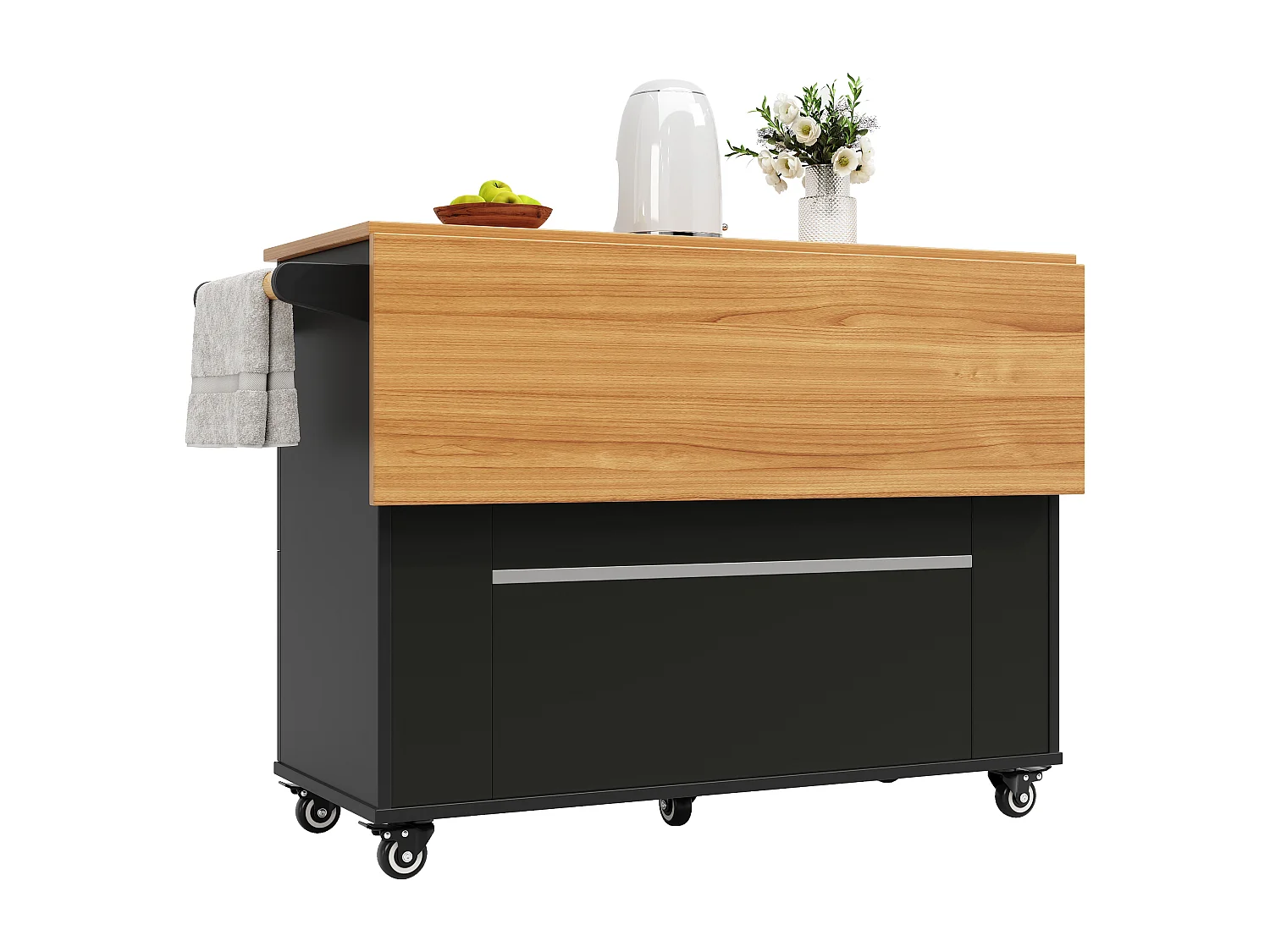 Îlot de cuisine 133x37.3x88 cm, rangement à plusieurs niveaux, roulettes et pieds réglables, MDF noir