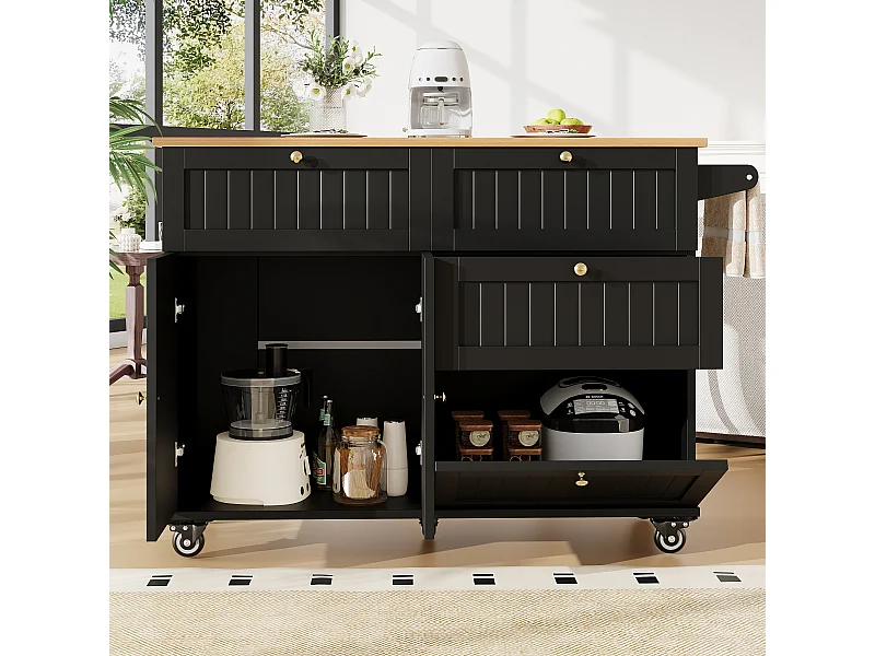 Desserte de cuisine 133x(37.3-70)x88 cm 3 portes et 3 tiroirs Îlot de cuisine avec plateau extensible  - noir