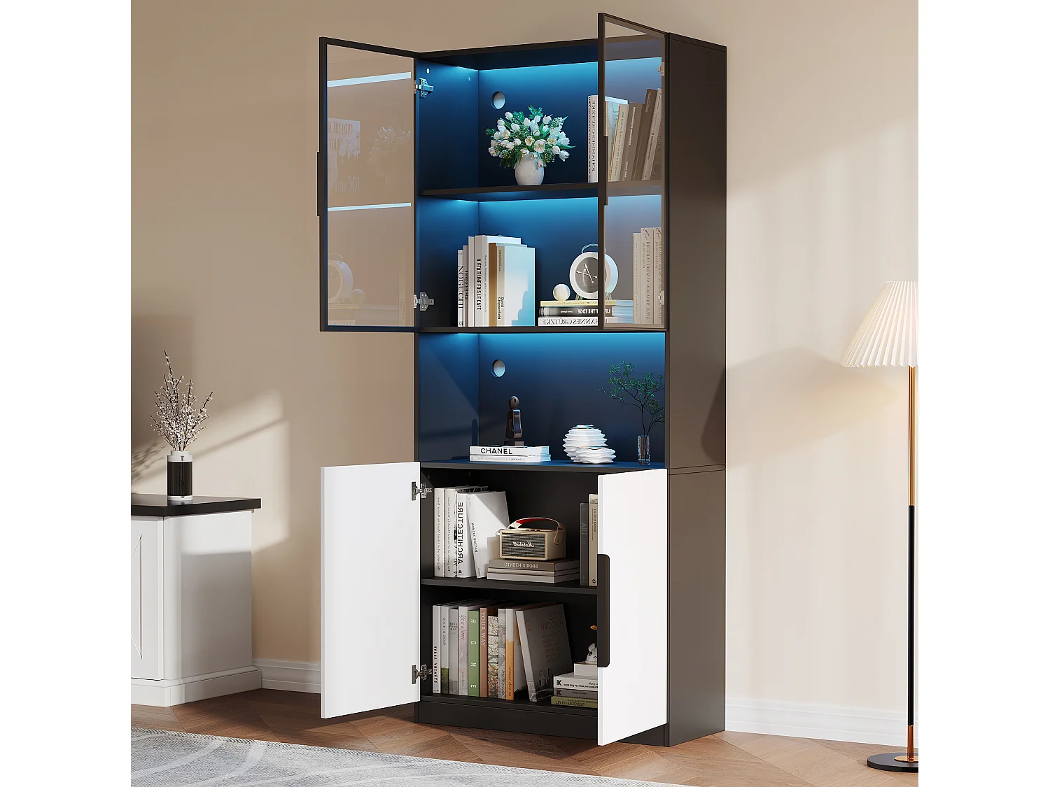 Vitrine 80x30x200 cm, portes en verre, éclairage LED réglable, rangement multifonction, panneau de particules blanc