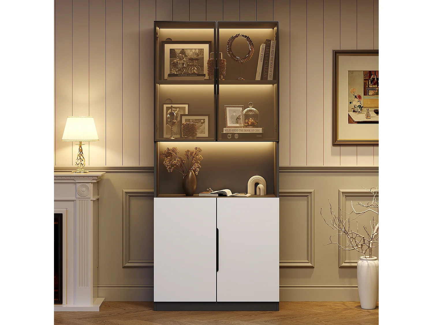 Vitrine 80x30x200 cm, portes en verre, éclairage LED réglable, rangement multifonction, panneau de particules blanc