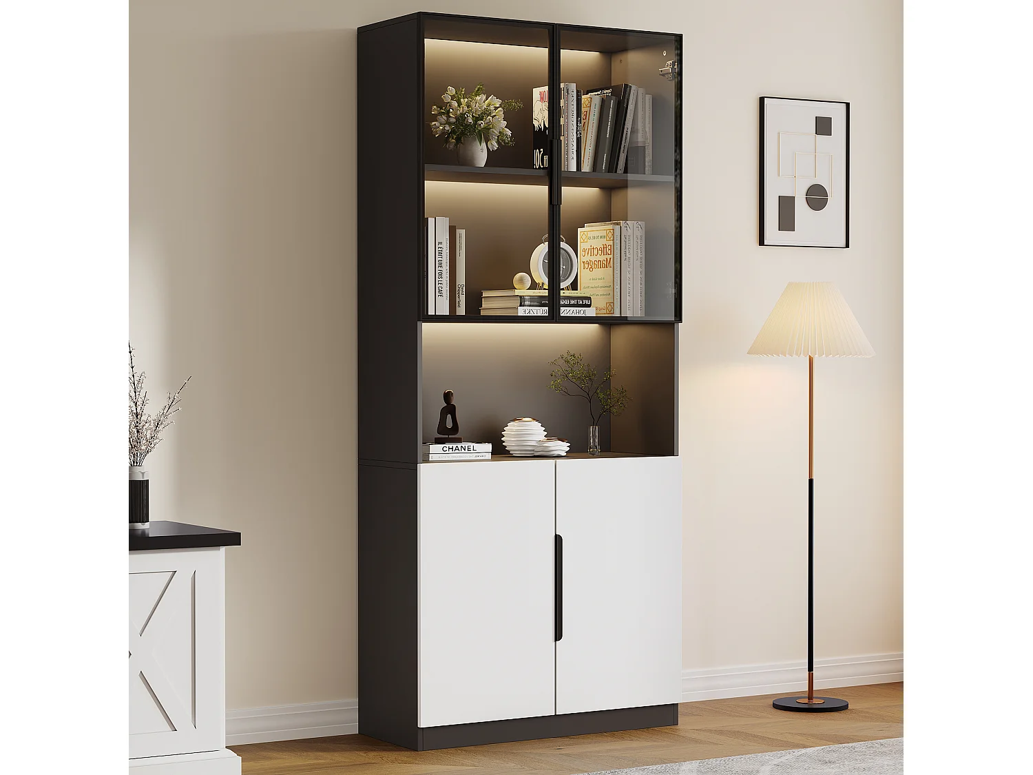 Vitrine 80x30x200 cm, portes en verre, éclairage LED réglable, rangement multifonction, panneau de particules blanc