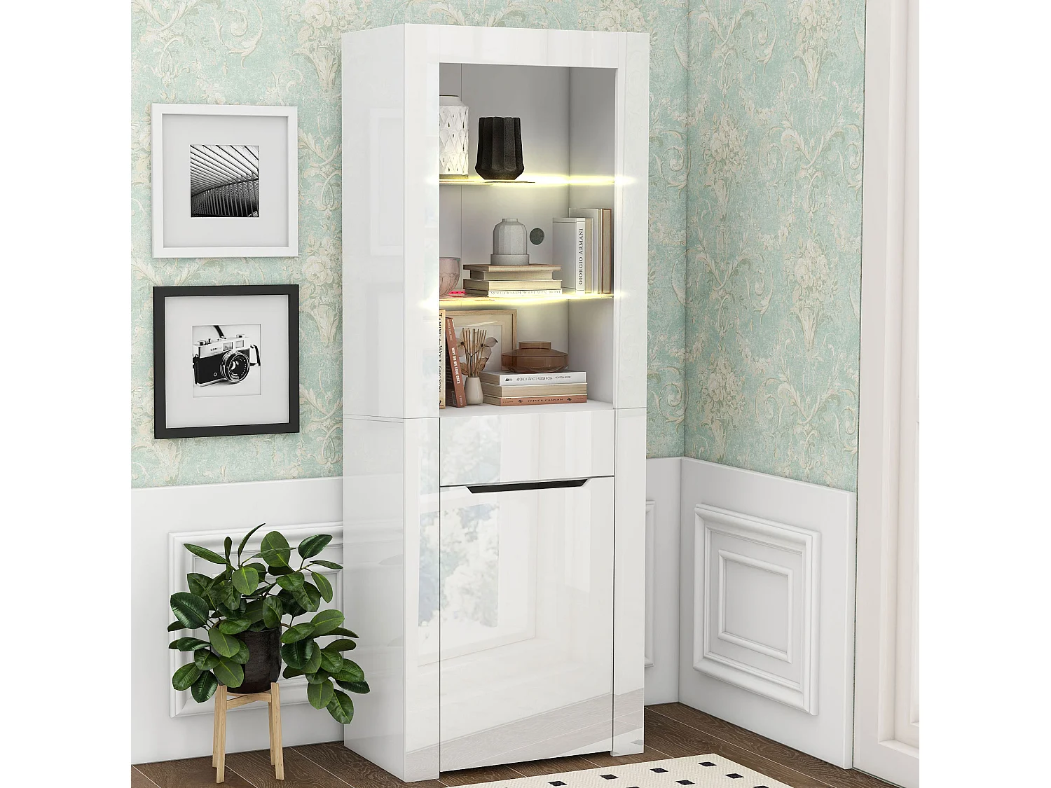 Vitrine 60x35.5x165cm LED 2 portes 1 tiroir et 2 étagères en verre - meuble de rangement - blanc