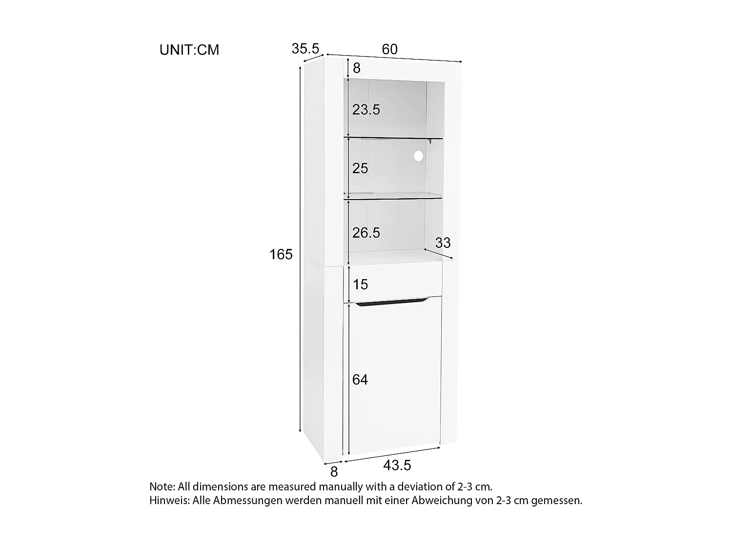 Vitrine 60x35.5x165cm LED 2 portes 1 tiroir et 2 étagères en verre - meuble de rangement - blanc