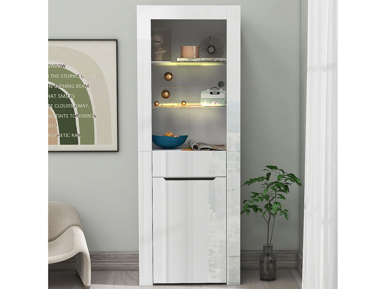 Vitrine 60x35.5x165 cm, éclairage LED, 2 étagères, 1 porte et 1 tiroir, panneaux de particules blanc