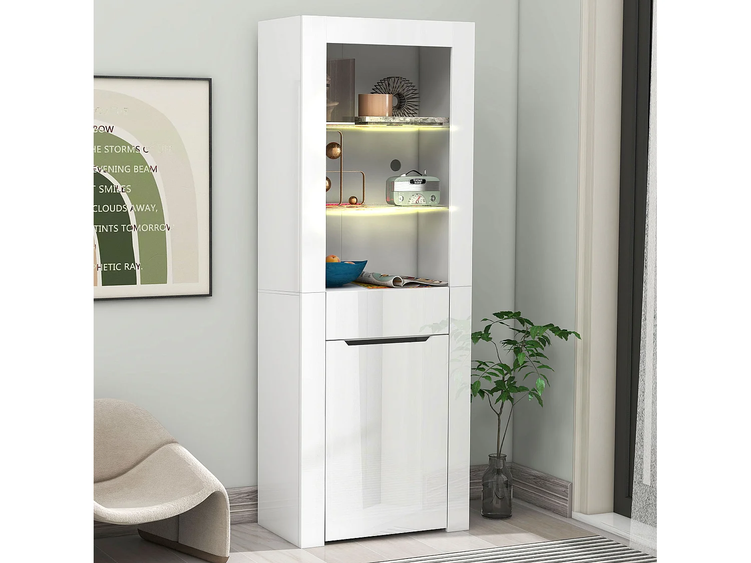 Vitrine 60x35.5x165 cm, éclairage LED, 2 étagères, 1 porte et 1 tiroir, panneaux de particules blanc