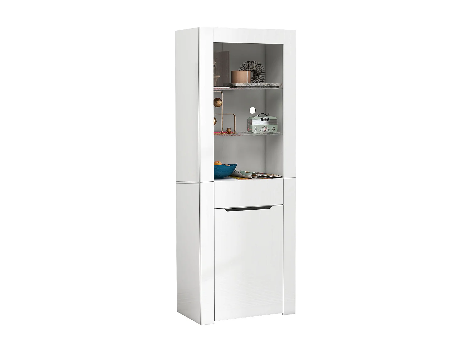 Vitrine 60x35.5x165 cm, éclairage LED, 2 étagères, 1 porte et 1 tiroir, panneaux de particules blanc