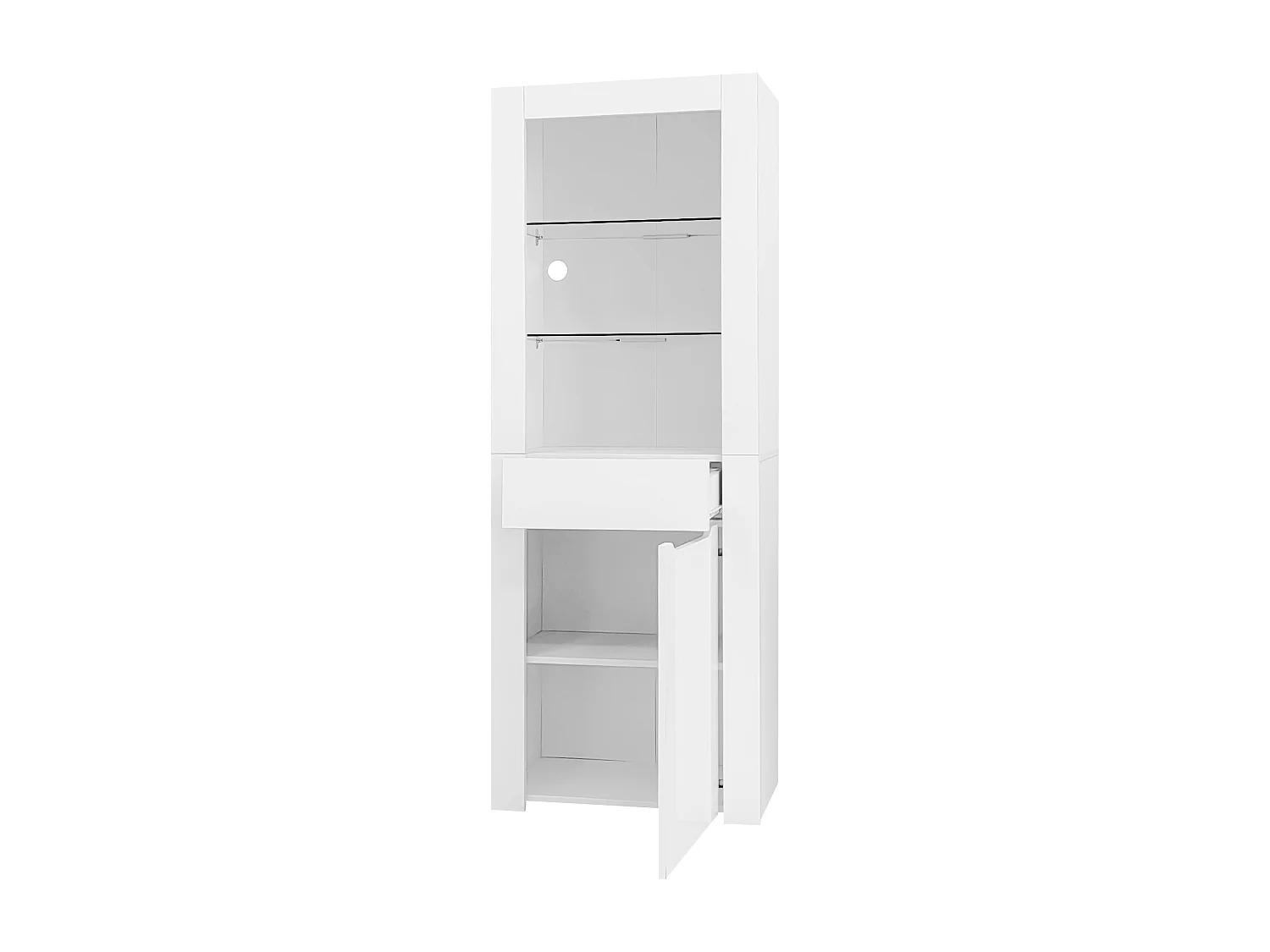 Vitrine 60x35.5x165 cm, éclairage LED, 2 étagères, 1 porte et 1 tiroir, panneaux de particules blanc