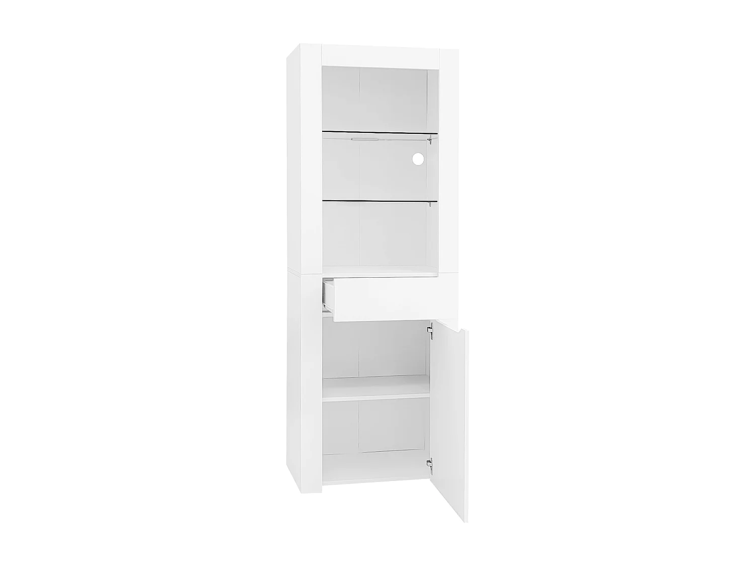 Vitrine 60x35.5x165 cm, éclairage LED, 2 étagères, 1 porte et 1 tiroir, panneaux de particules blanc