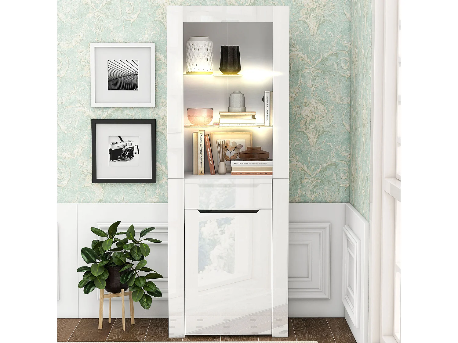 Vitrine 60x35.5x165 cm, éclairage LED, 2 étagères, 1 porte et 1 tiroir, panneaux de particules blanc