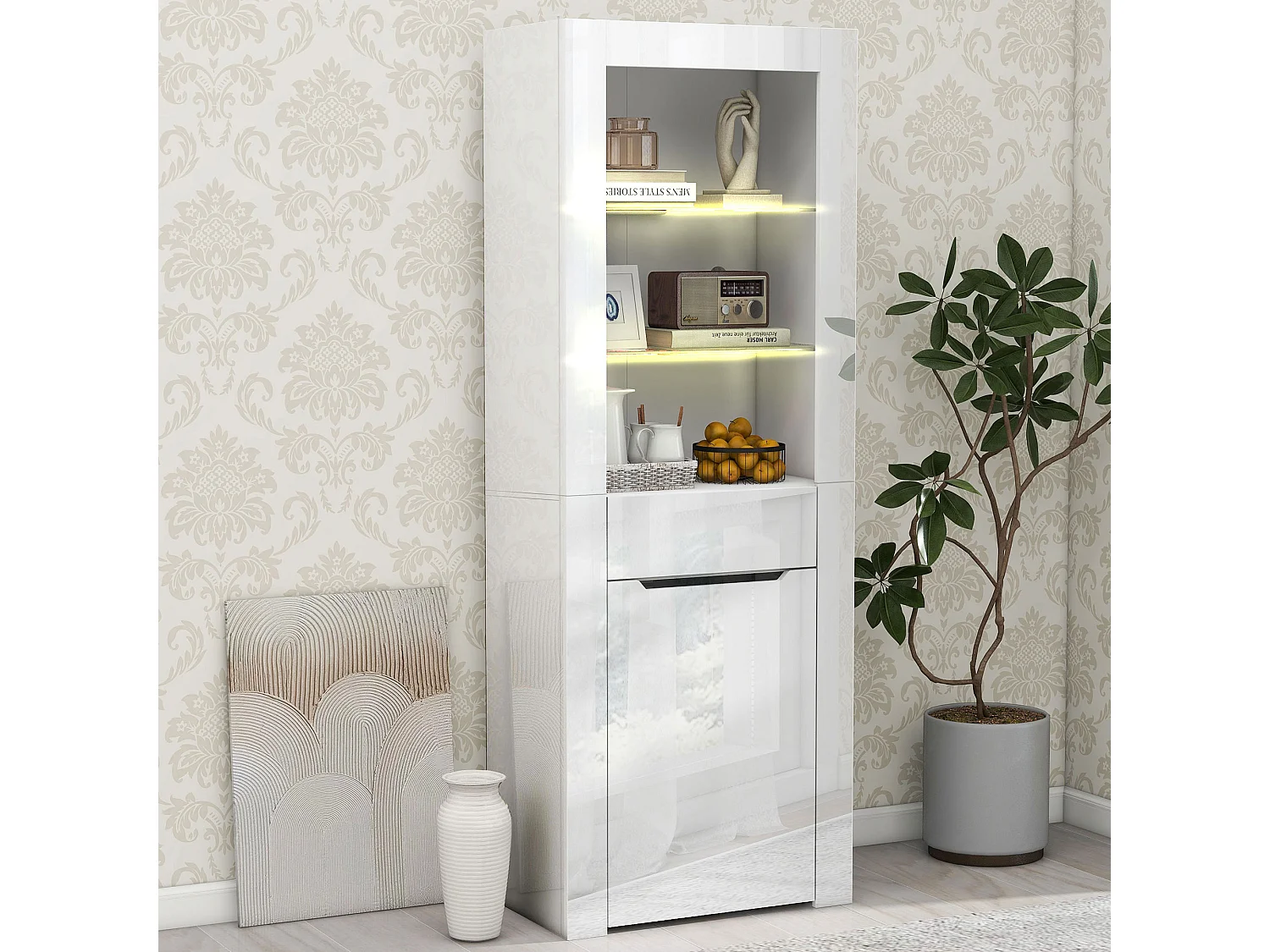 Vitrine 60x35.5x165 cm, éclairage LED, 2 étagères, 1 porte et 1 tiroir, panneaux de particules blanc